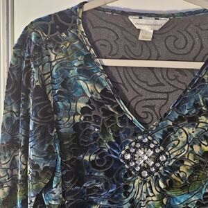 Women's Burnout Velvet Blue Whimsical Top Sz L 90s Y2K Whimsygoth Witchy Boho